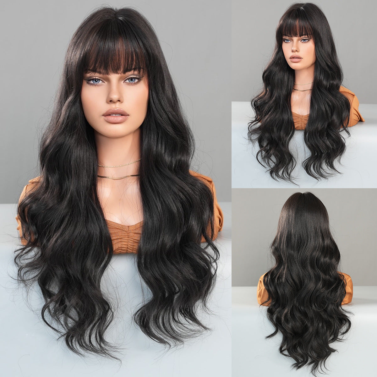 Female Natural Black Curly Hair Big Wave Straight Bangs Wig Long Curls