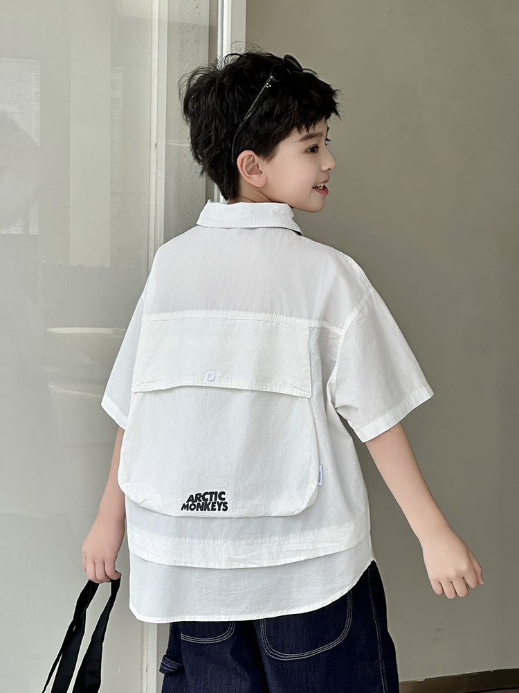 Print Top Summer Pu Back Big Pocket Children's Shirt