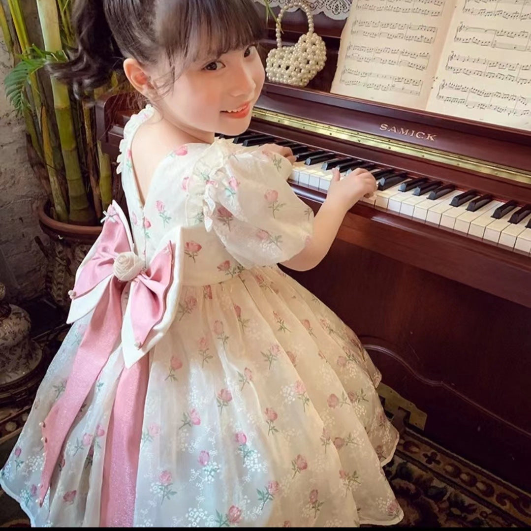 Summer Western Style Floral Skirt Little Bow Puff Children's Dress
