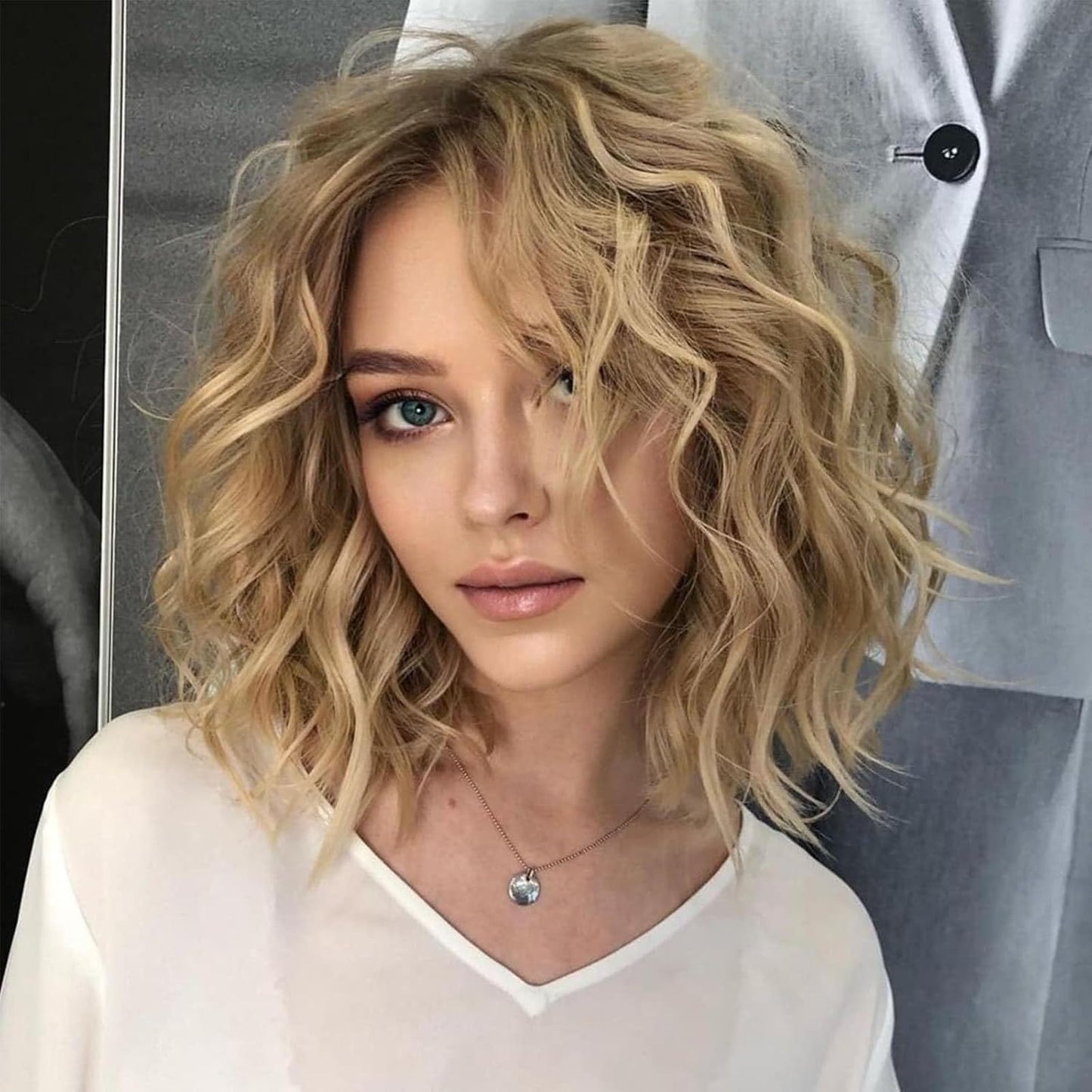Women's Brown Dyed Water Ripple Head Cover Wig Short Curly Hair