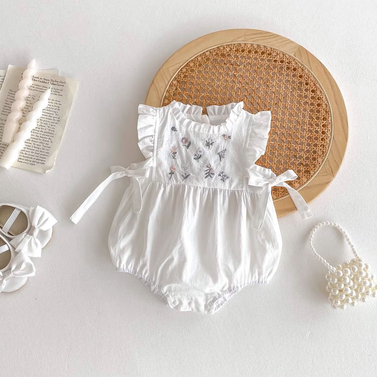 Summer Embroidery Floral Bow Princess Rompers Thin Jumpsuit, Climbing Suit