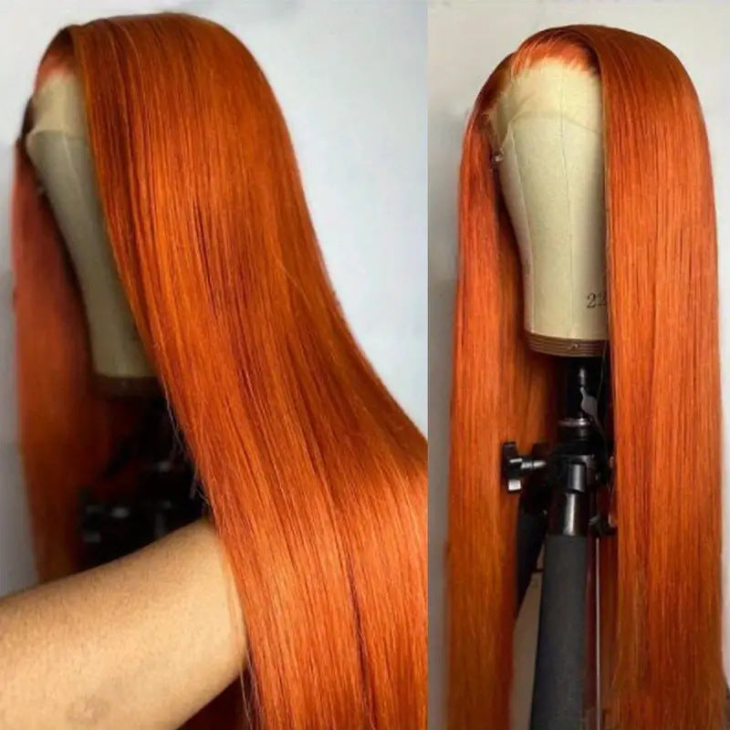 Women's Front Lace Medium Orange Hair Fluffy Natural Fashion Long Straight Wig