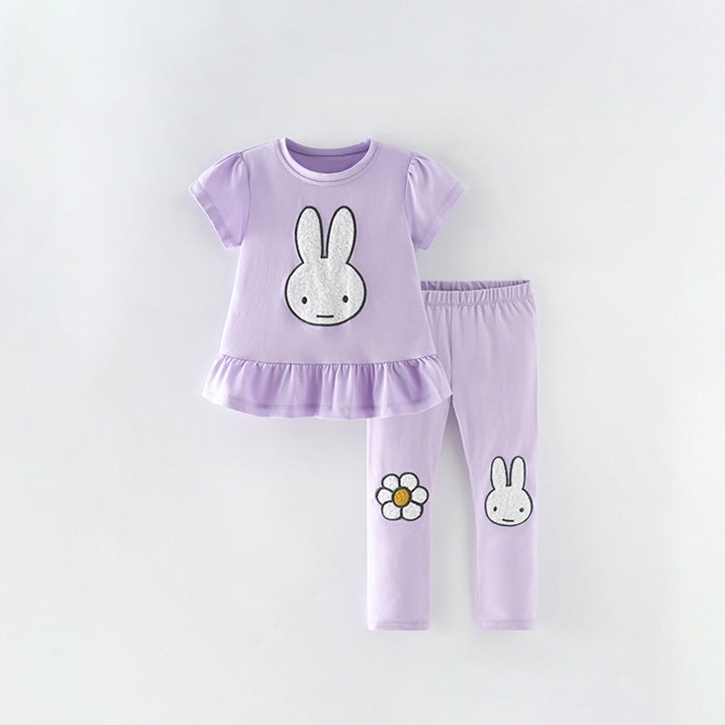Children's Summer Clothing Short Sleeve Cotton Wooden Ear Pleated Trendy Thin Children's Suit