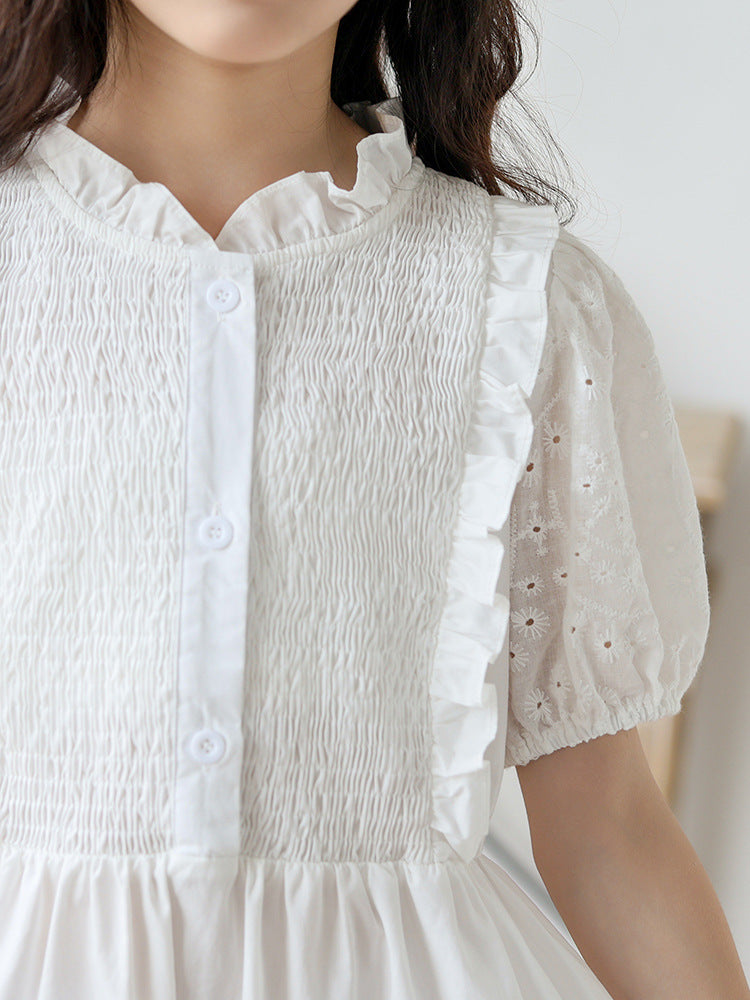 High-grade Wooden Ear Collar Smocking Skirt Big Children's Dress