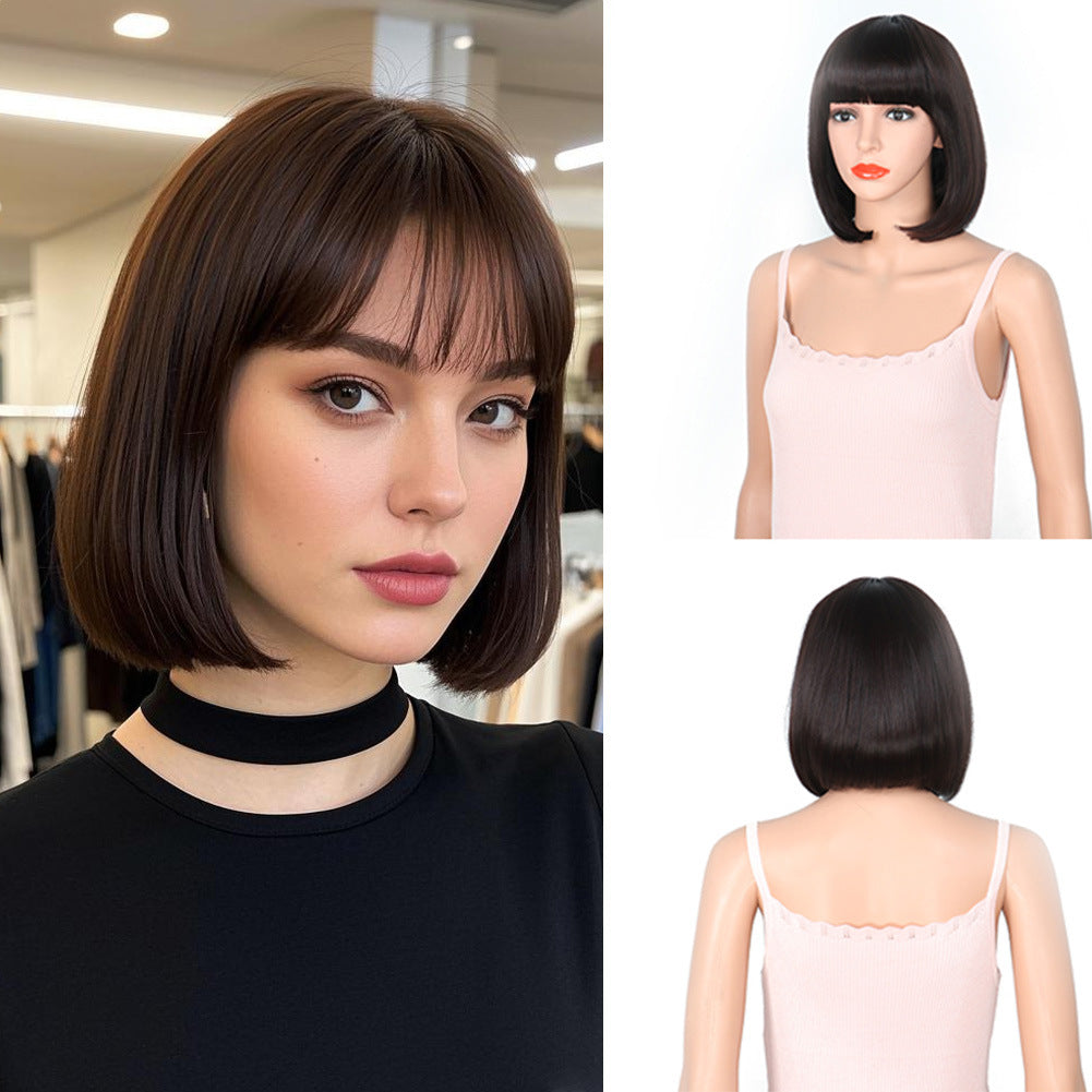 Women's Fashion Long Black Head Cover With Wig Short Straight Hair