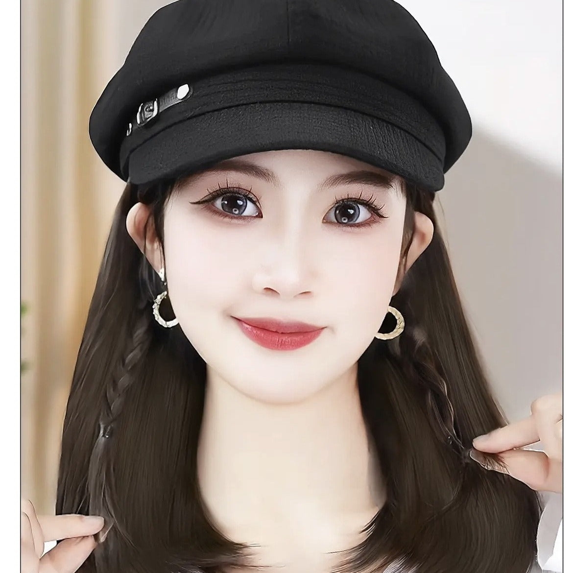 Collarbone Hat Leather Ring Octagonal Cap Wig Short Straight Hair