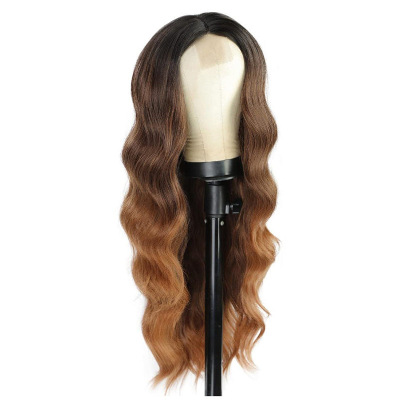Women's Small Lace Gradient Brown Curly Hair Big Wave Synthetic Wig Long Curls