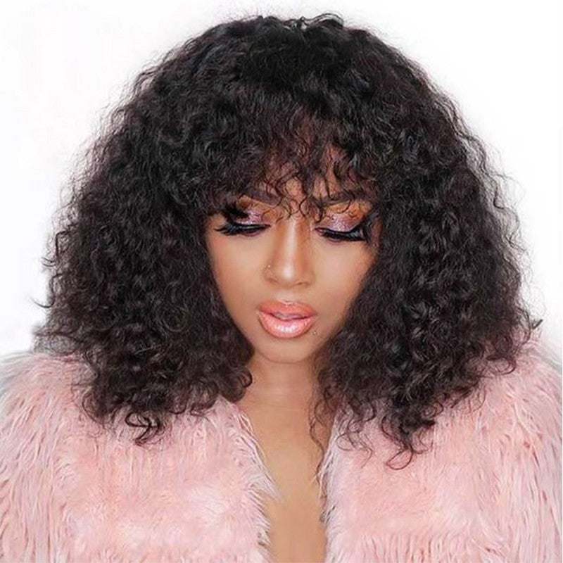 Brazilian Fringe Bangs Curly Bob Density Real Hair Wig