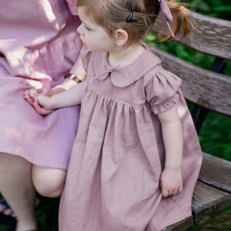 Women's & Children's Linen Doll Collar Comfortable Breathable Back Single-breasted Short Children's Dress