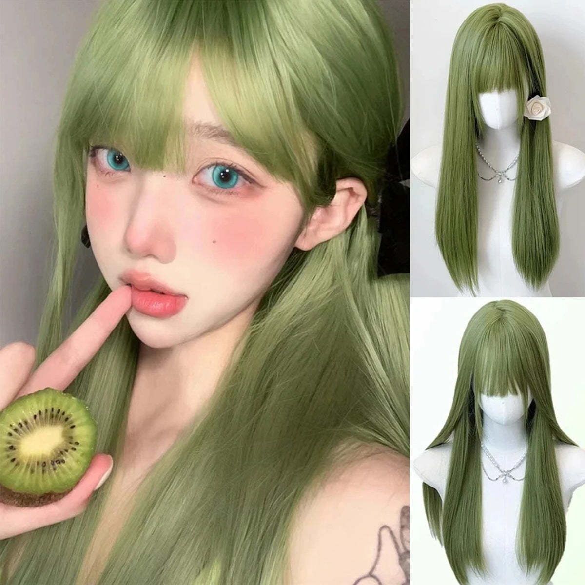 Women's Fruit Green Style Shoot Mori Daily Long Straight Wig