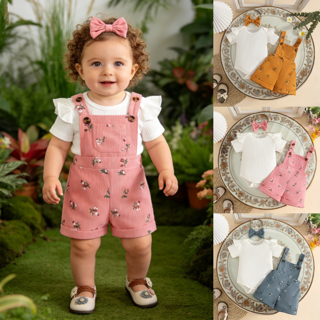 Summer Sunken Stripe Ruffled Short Sleeves Top Corduroy Flower Children's Suit