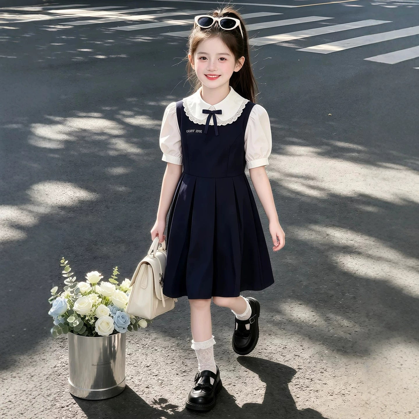 Summer Sweet Teens Short Sleeve Doll Collar Fake Two-piece Skirts Children's Dress
