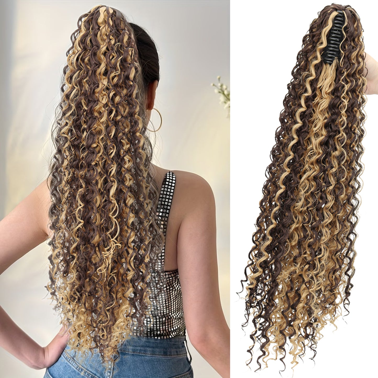 Women's Long African Curly Hair Grip Black Wig Ponytail