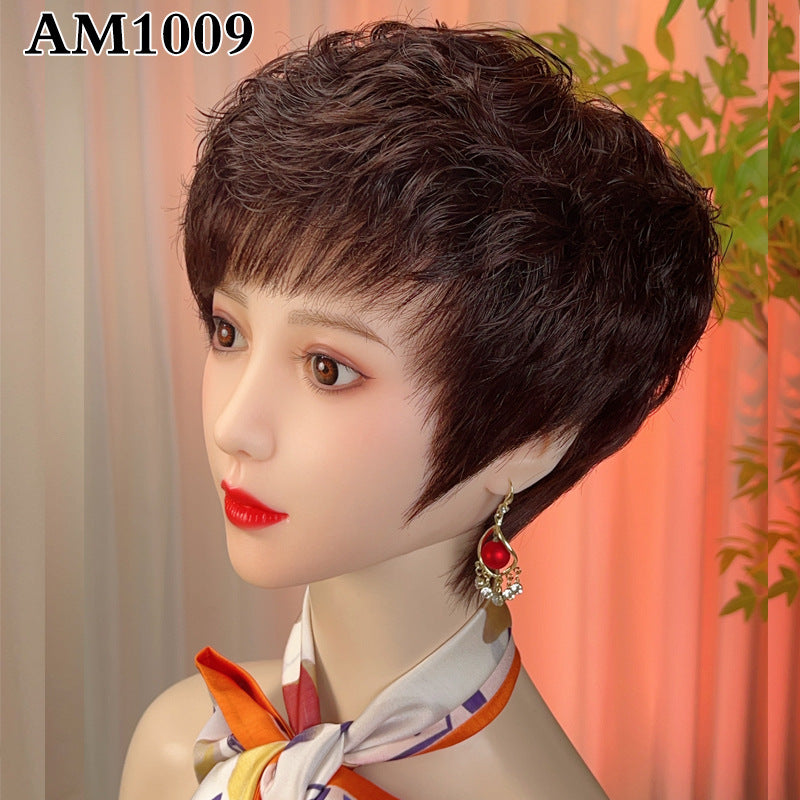 Women's Full Human Mother's Sheath Short Breathable Real Hair Wig