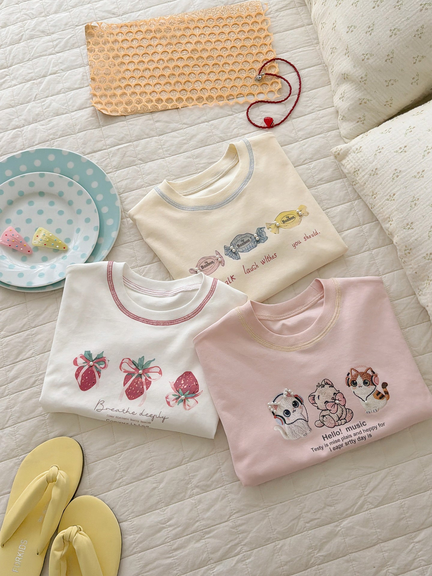 Pure Cotton Colorful Dot Short-sleeved Casual Summer Sweet Cute Cartoon Children's T-shirt