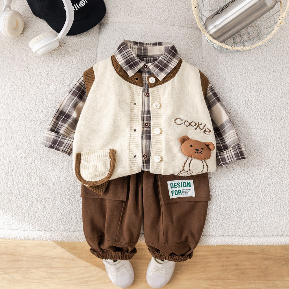 Children's Boys Autumn Clothing Western Style Cardigan Sweater Vest Three-piece Children's Suit