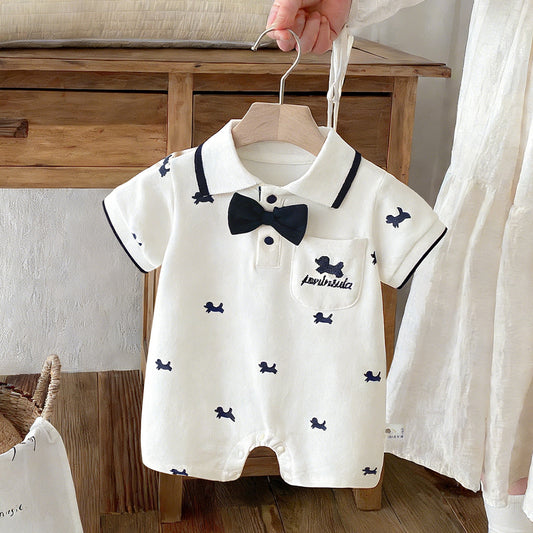 Lapel Gentleman Short Sleeve Rompers Summer Dog Print First Month Jumpsuit, Climbing Suit