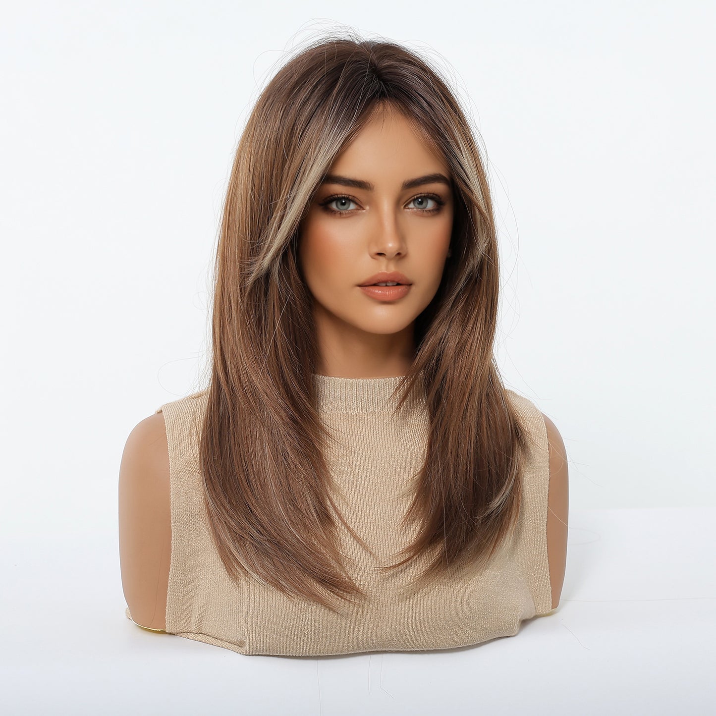 Bangs Head Dyed Gradient Brown Layered Long Straight Wig
