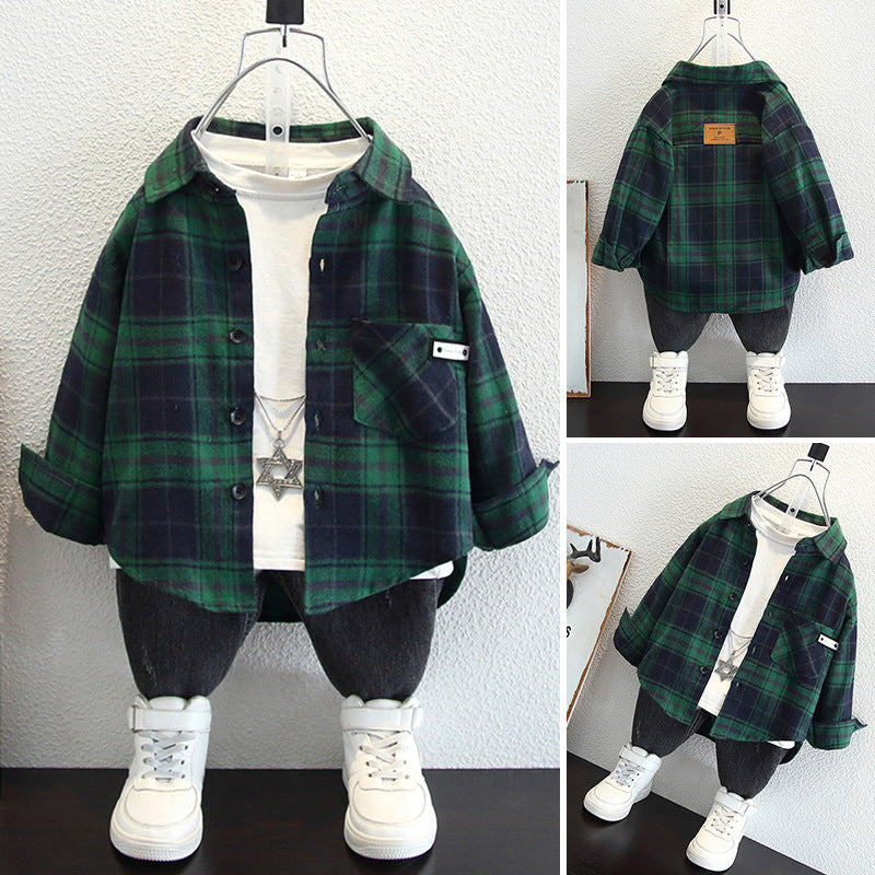 Children's Plaid Thin Brushed Ruffle Handsome Long Sleeve Children's Shirt