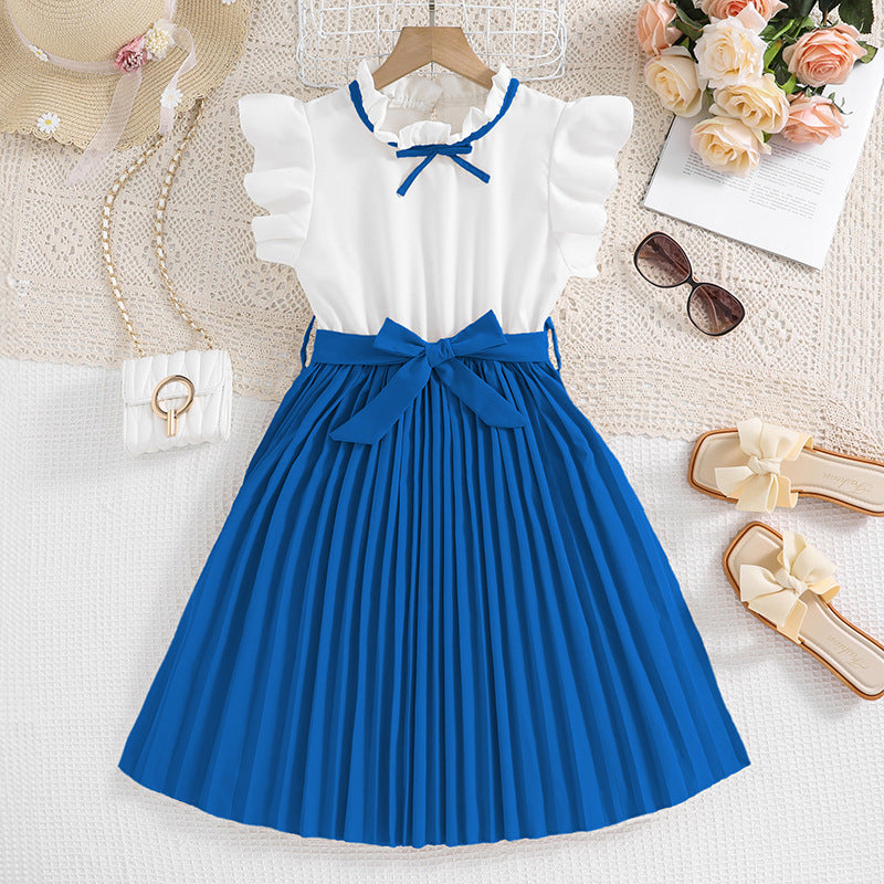 Children's Clothing Summer Style Flounced Sleeve Color Matching Pleated Children's Dress