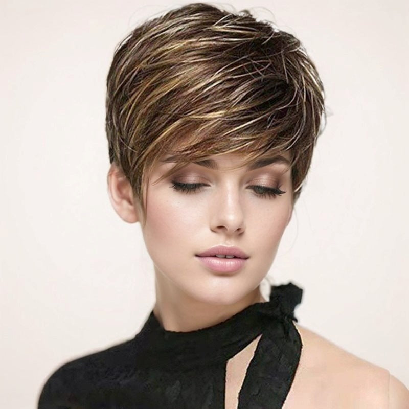 Women's Side Bangs Brown Golden Color One Piece Fiber Wig Short Curly Hair