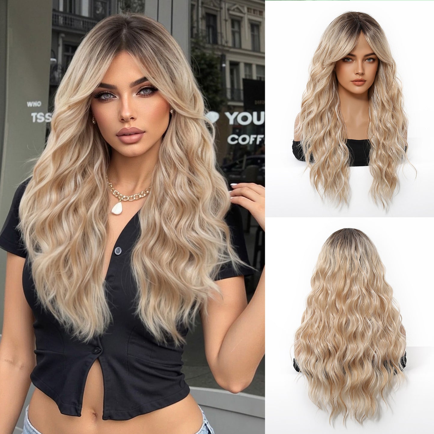 Color Gradient Air Bangs Fluffy Idle Wig Long Curls