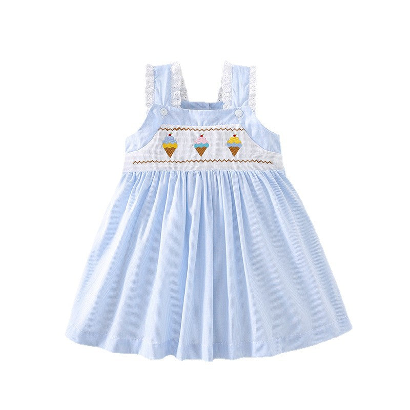Princess Cute Cartoon Embroidery Ice Cream Smocking Blue Children's Dress