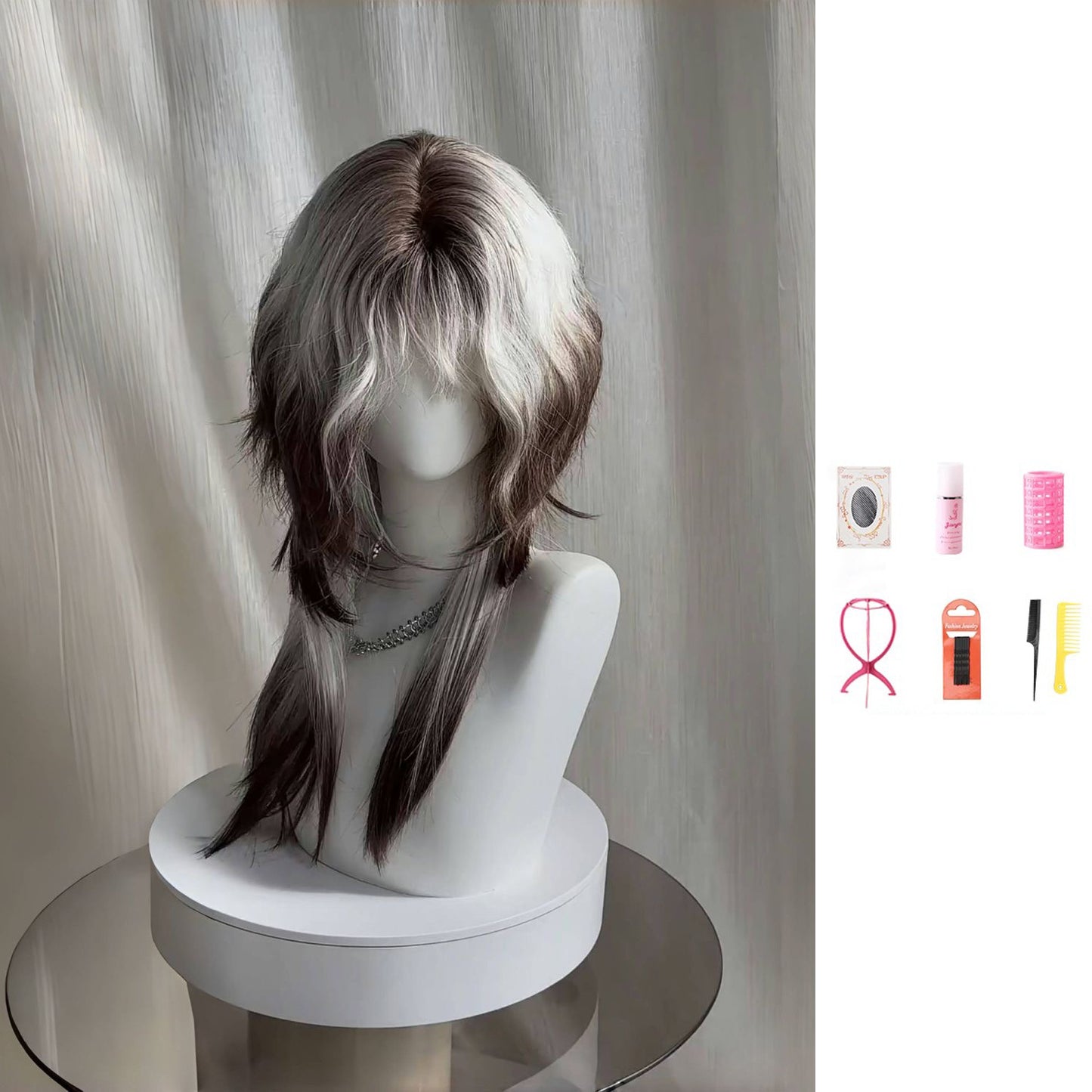 Sier Brown Gradient Anchovy Head Tail Full Wig Long Curls