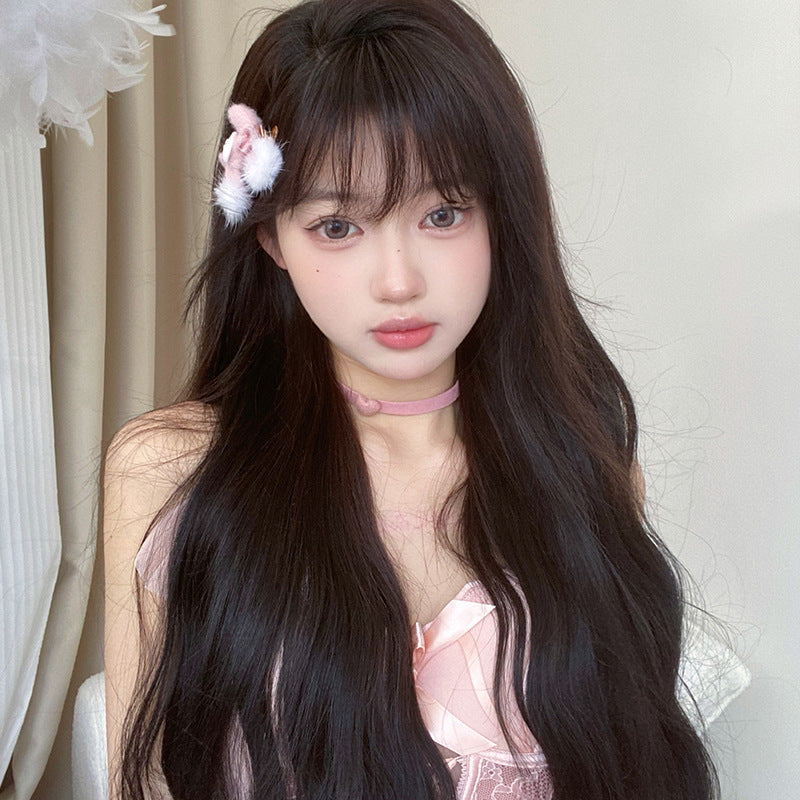 Female Curly Hair Breathable Natural Round Face Cute Air Bangs Wig Long Curls