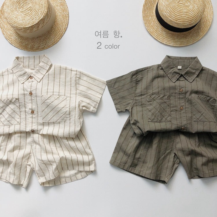 Children's Ramie Striped Short-sleeved Summer Boys Casual Children's Shirt