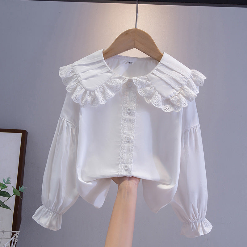 White Long Sleeve Cotton Versatile Medium Large College Western Children's Shirt