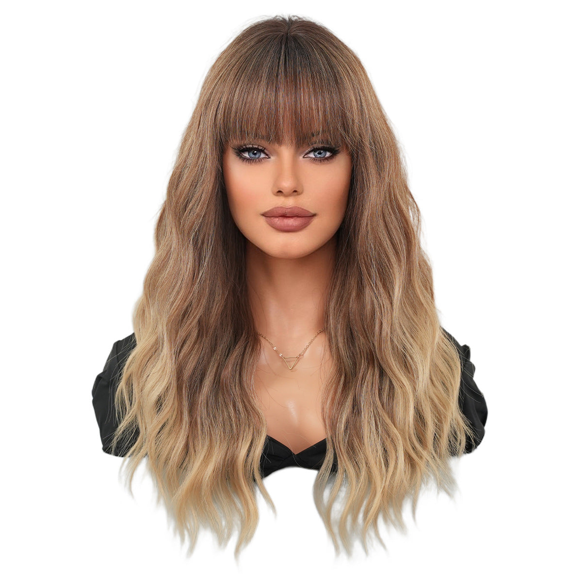 Gradient Brown Mid-length Wavy Curly Hair With Bangs On The Other Wig