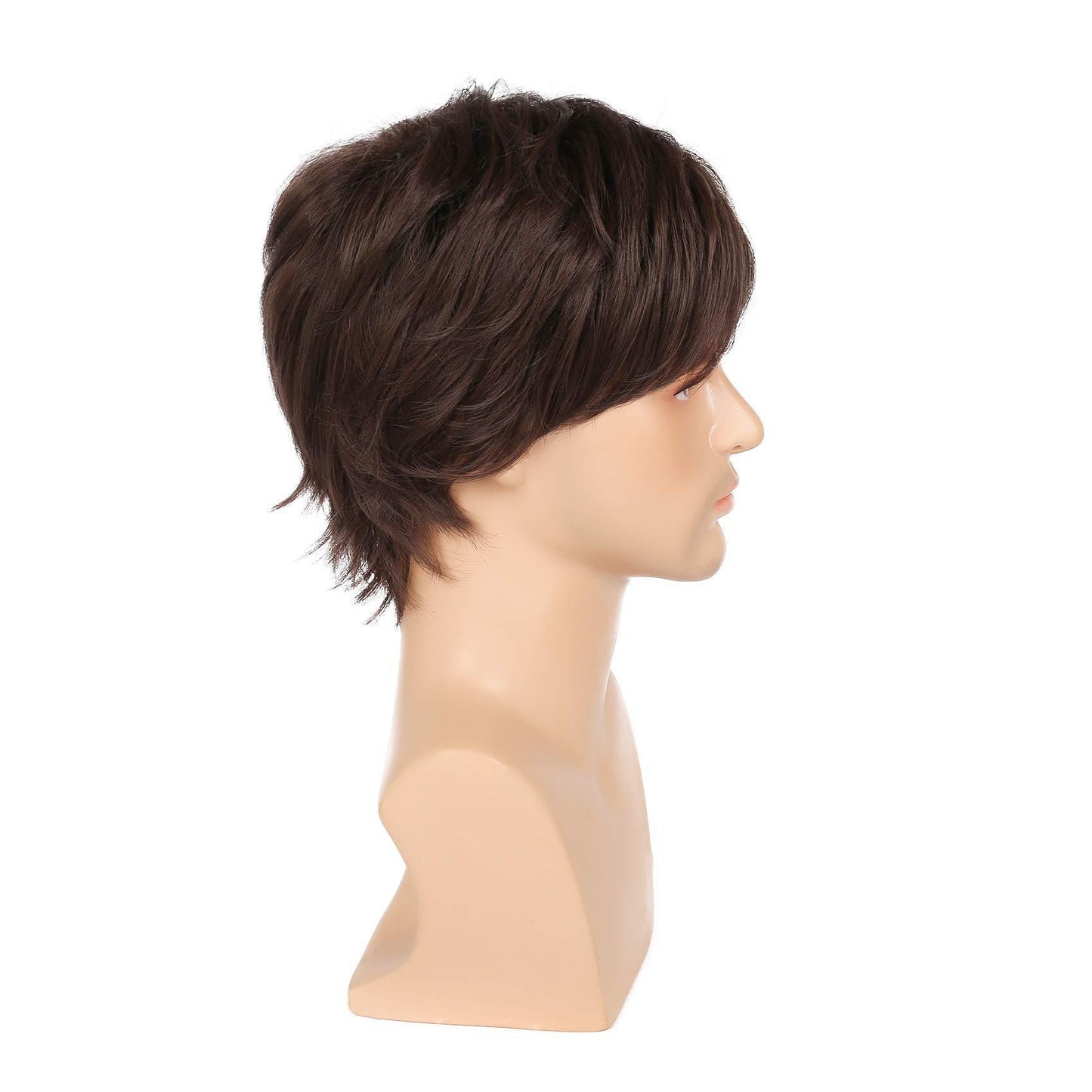 Men's Brown Black Curly Side Bangs Fluffy Wig Short Straight Hair