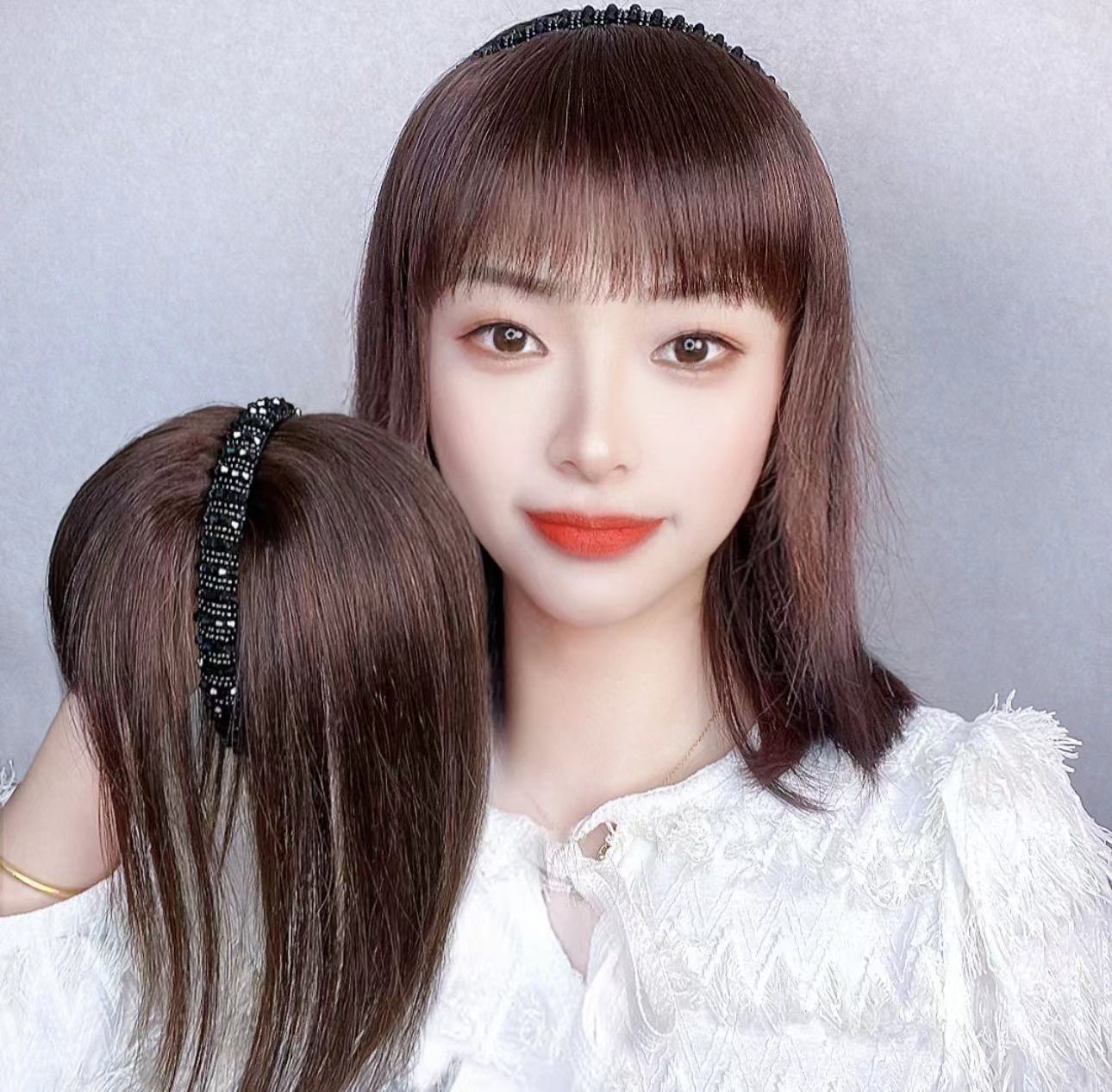 Band Curly Hairpiece Bangs Integrated Cover Gray Increase All Real Wig