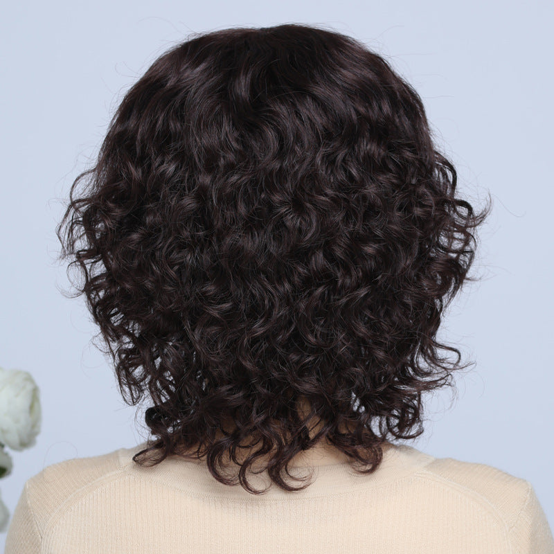 Women's Curly Lady Mom Human Wigs Full Real Hair Wig