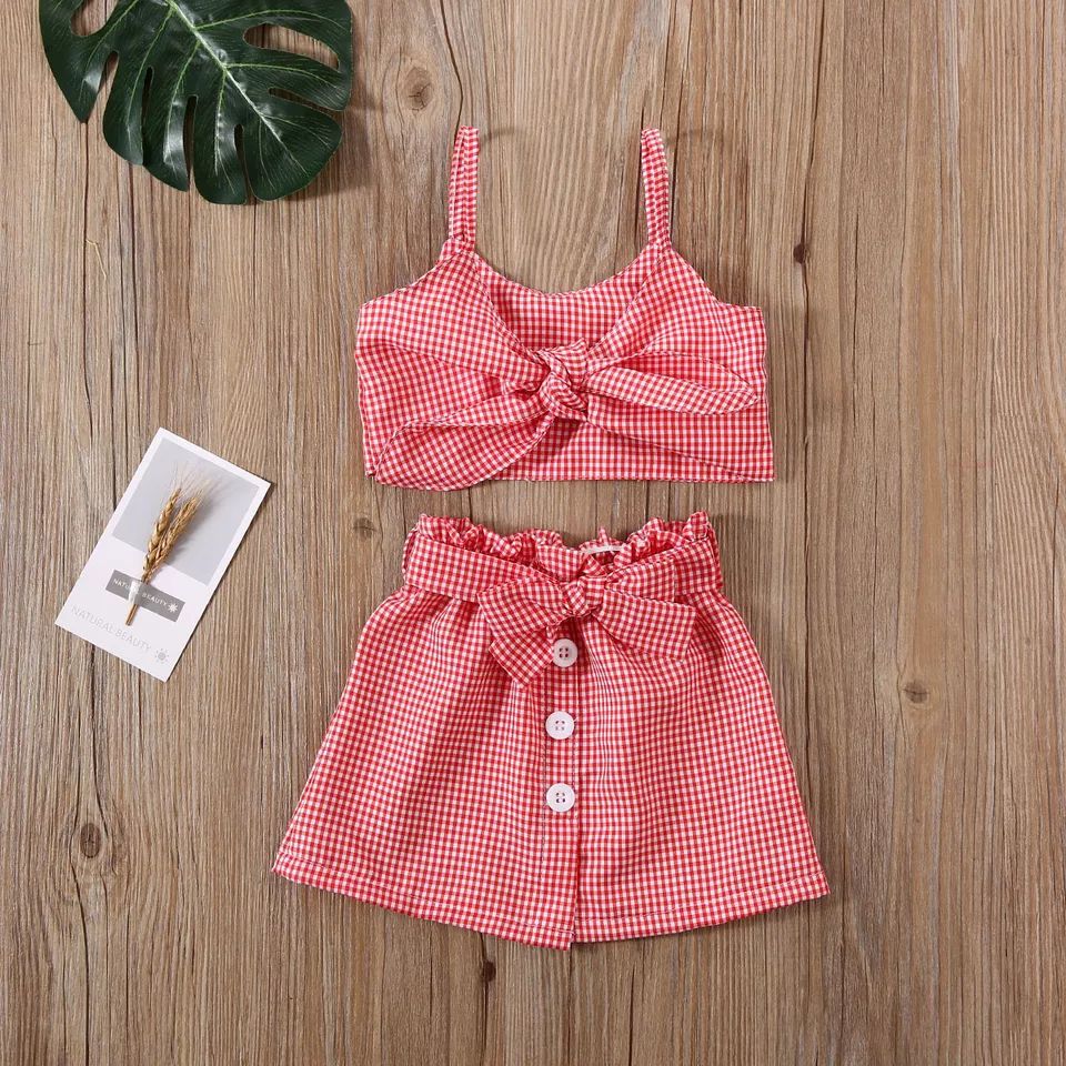 Children's Infant Toddler Bow Plaid Suspender Skirt Children's Suit