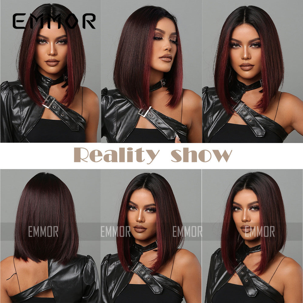 Medium Gradient Red Brown Straight Hair Wig Long Curls