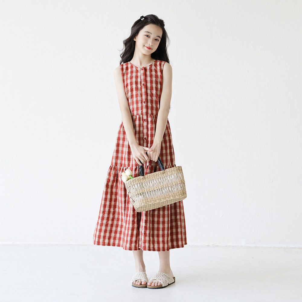 Long Sleeveless Bandage Medium Big Korean Style Retro Dark Red Children's Dress