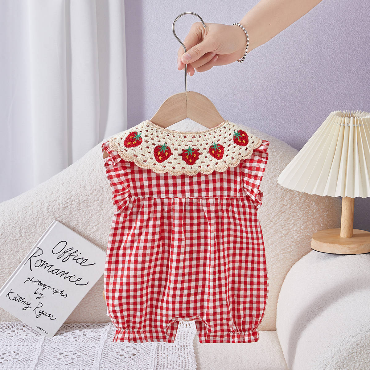 Summer Thin Short Sleeve Rompers Front Open Strawberry Plaid Jumpsuit Jumpsuit, Climbing Suit