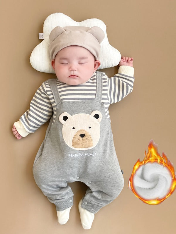 Striped Embroidered Bear Fleece-lined Jumpsuit Class Born Rompers Jumpsuit, Climbing Suit