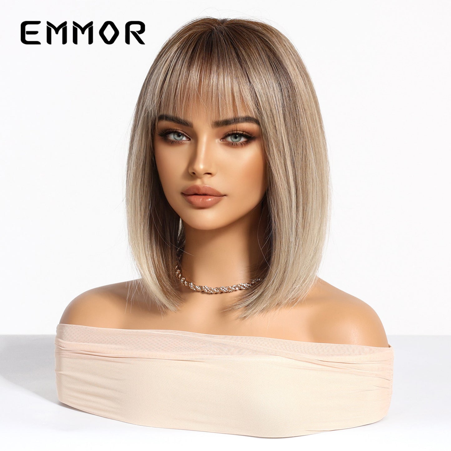 Breathable Bangs Gradient Gold Wave Full Wig Short Straight Hair