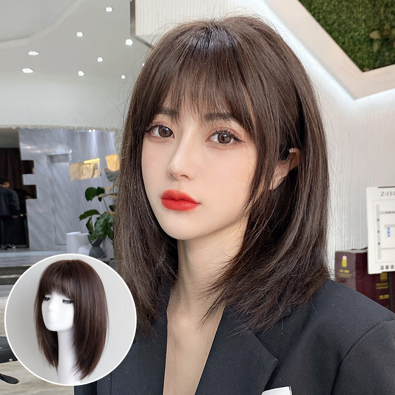 Women's Human Medium Short Straight French Bangs Full Real Hair Wig