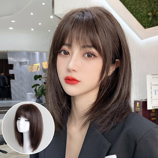 Women's Human Medium Short Straight French Bangs Full Real Hair Wig