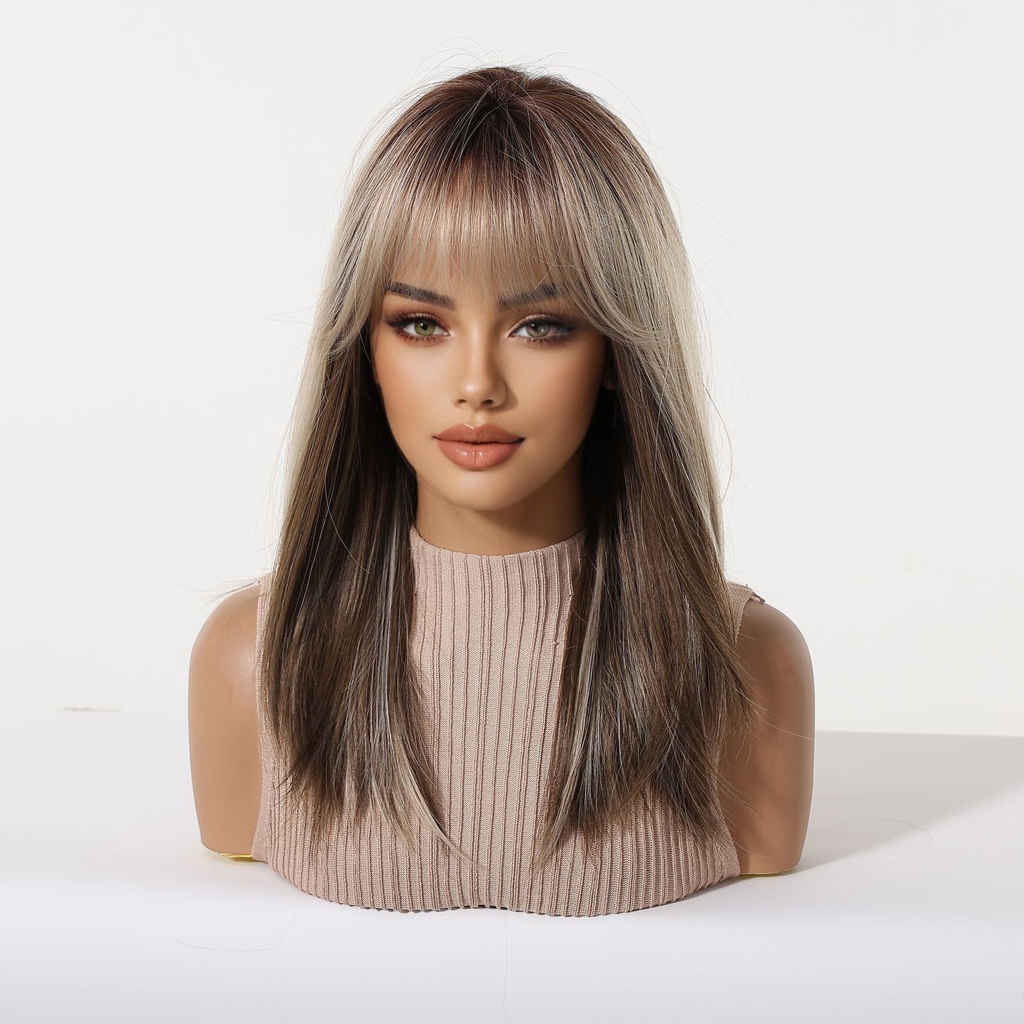 Gradient Brown Collarbone Length Haircut Natural Long Straight Wig