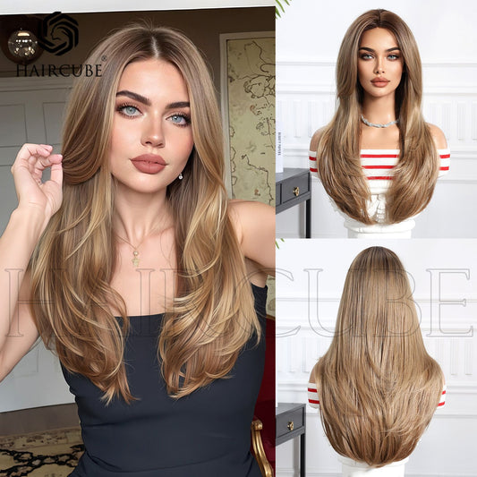 Synthetic Wigs Golden Brown Bangs Head Long Straight Wig