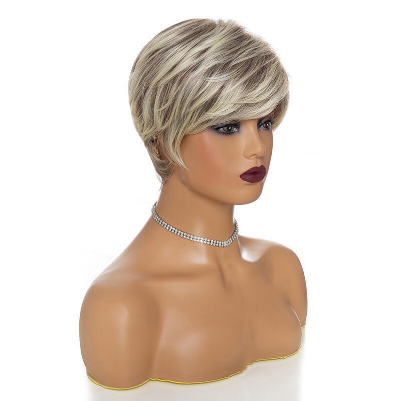 Women's Fluffy Gradient Gray White Side Bangs Rose Net Wig Short Straight Hair
