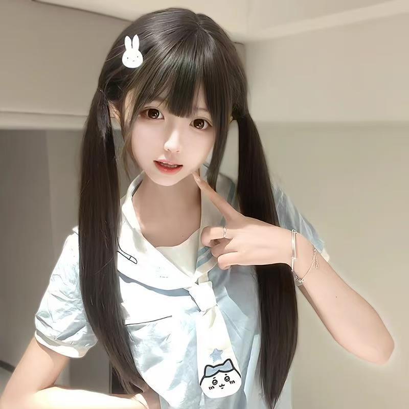 Mannequin Head Black Cute Luo Bangs Hair Can Tie Double Long Straight Wig
