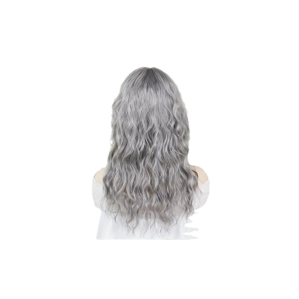 Women's Curling Bangs Wavy Gray Water Ripple Synthetic Wig Long Curls