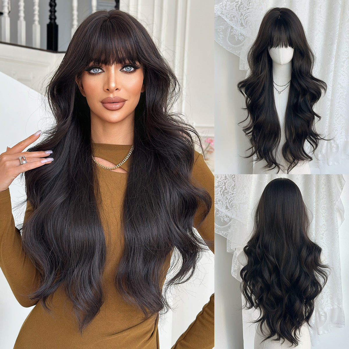 Black Tea Brown Straight Bangs Curly Wig Long Curls