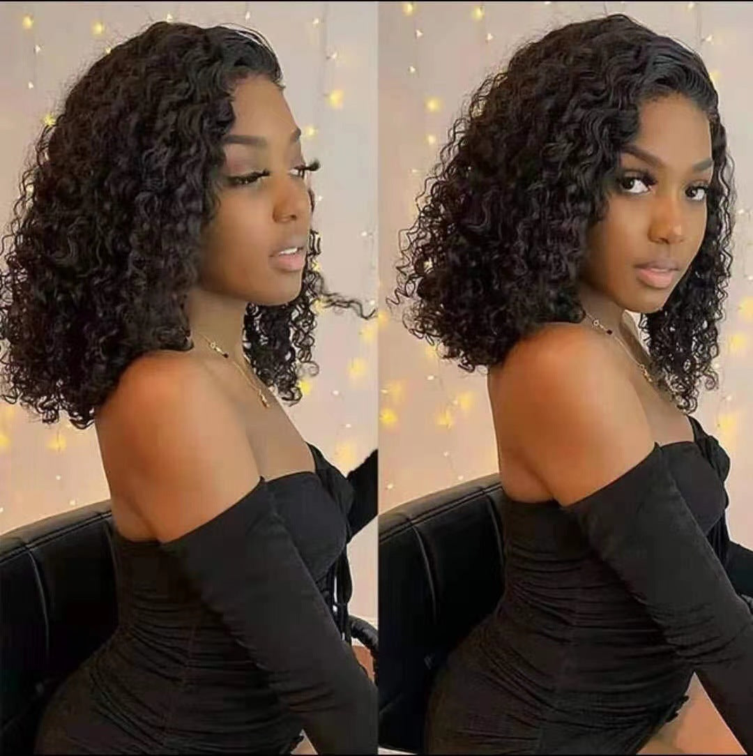 Women's African Black Medium Small Roll Afro Chemical Wig Short Curly Hair